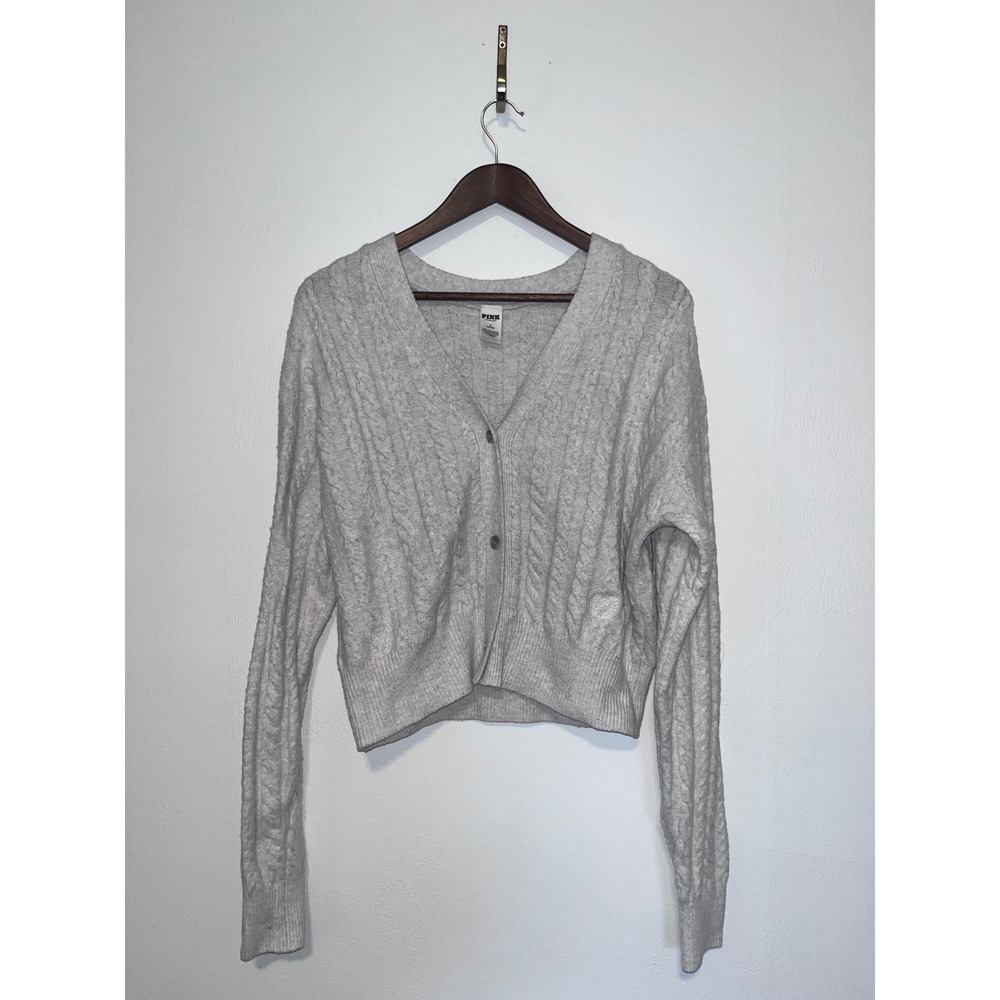 Victoria's Secret PINK Grey Cable Knit Cropped V-Neck Cardigan Sweater Medium